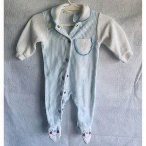 vintage baby sleeper baseball style stripes clown face on feet medium white blue